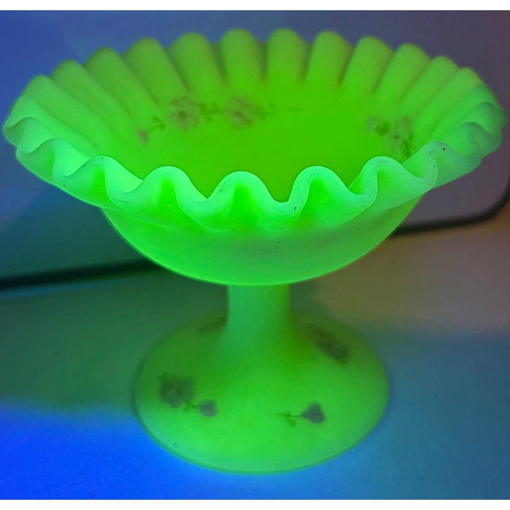 Fenton Custard Uranium Glass Compote Hand Painted Floral Ruffled Dish 5.25"